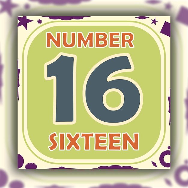 Printable colorful number learning flashcard for 3-4-year-old kids 16 sixteen