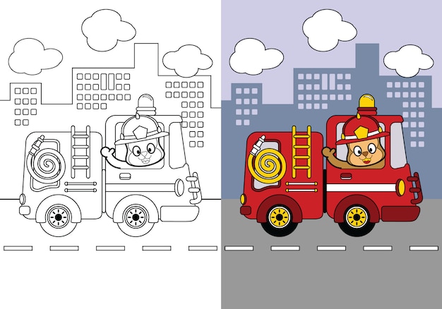 Vector printable coloring page worksheet, school supply brain games of firetruck cartoon