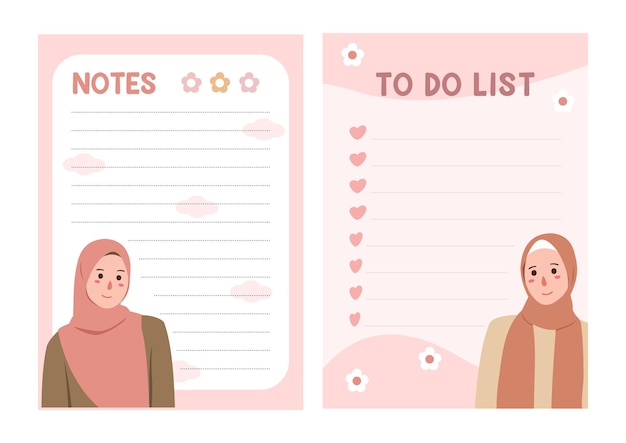 Printable To do list planner and memo notes with muslimah hijab pastel vector illustration aestheti