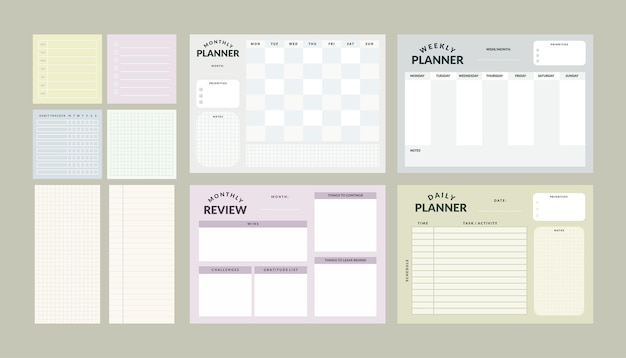 Printable Planner Vector Template Collection with Notepad, Memo Paper, Habit Tracker for Journaling