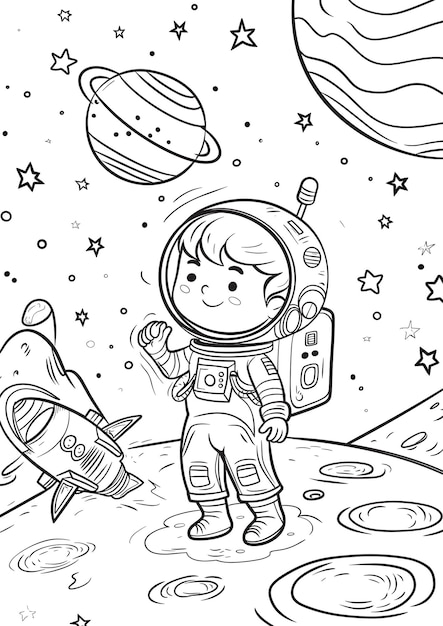 Vector printable smiling child astronaut with rockets in space coloring page illustration for kids