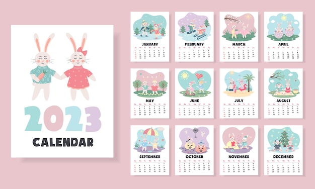 Printable vertical monthly design calendar for 2023 with cute couple of bunnies in love