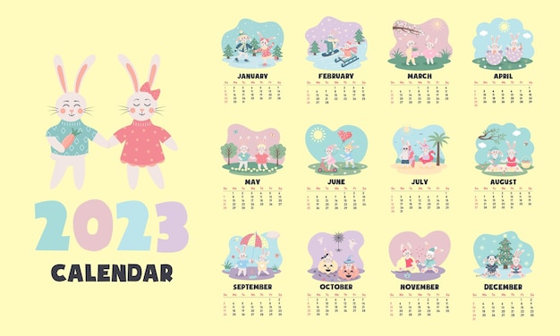 Printable vertical monthly design calendar for 2023 with cute couple of bunnies in love