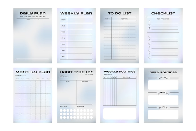 Printable Weekly Monthly Planner, Notepad, Memo, Habit Tracker, Gradient Journal Template Set