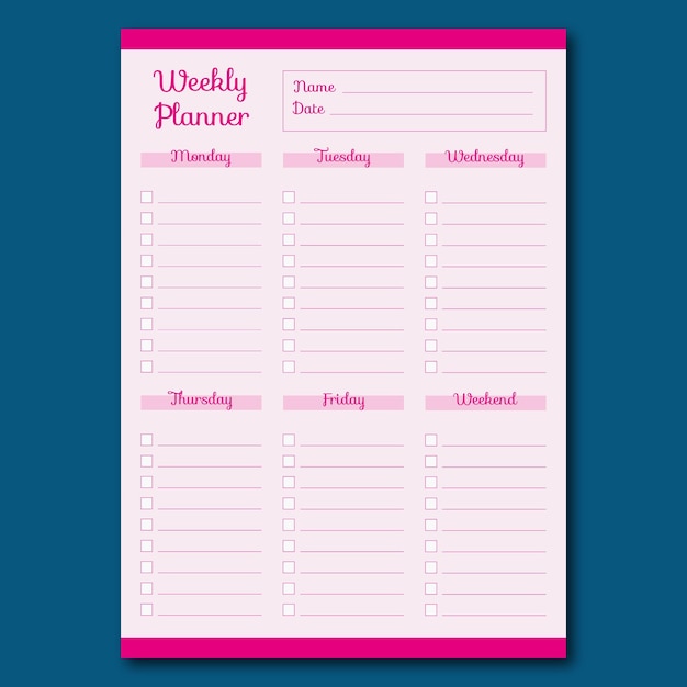 Printable Weekly Planner using pink colors