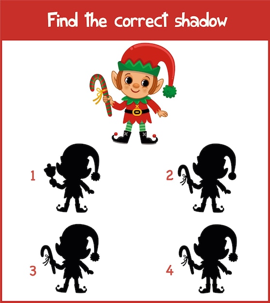 Printable Worksheet for Preschool Children in Elf Shadow Match Theme Vector Illustration