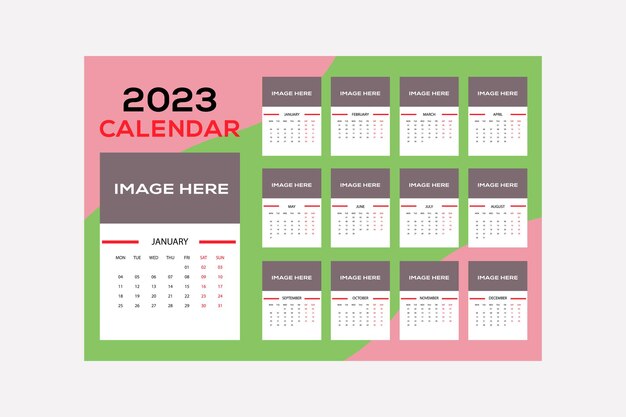 Printable yearly 2023 calendar design template with green and gray background