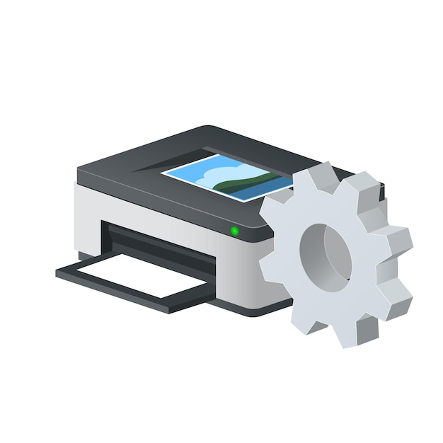 Printer icon for personal computer with gear icon Settings icon or instruction