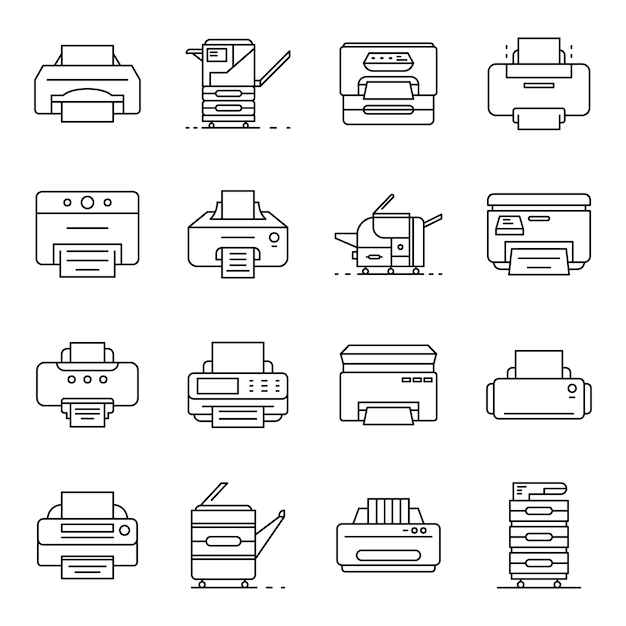 Printer icon set. Outline set of printer vector icons