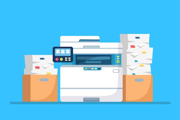 Printer, office machine with paper, document stack. Scanner, copy equipment. Multifunction device. Paperwork with carton, cardboard box.   