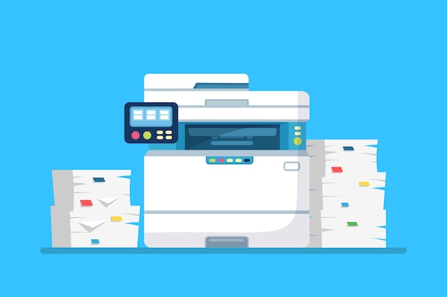 Printer, office machine with paper, document stack. Scanner, copy equipment.