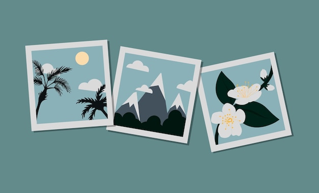 printing photos with the image of nature, mountains, palm trees, beach, top view, vector image