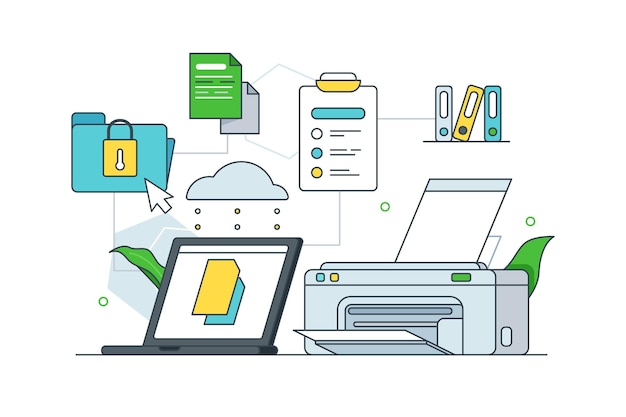 Printing and storing physical documents vector illustration. Folders with papers, printer and laptop flat style. Storage and archive concept