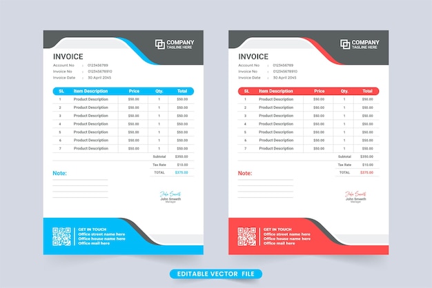 Printready modern invoice template with red and blue colors Professional business invoice design with abstract shapes Creative invoice template and payment receipt decoration