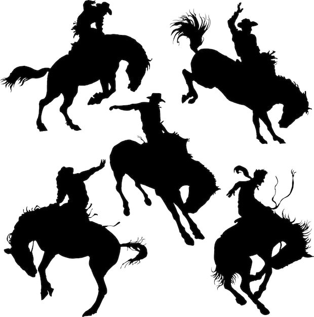 Printvector image of a set of silhouettes of cowboys on a wild horse mustang rodeo america