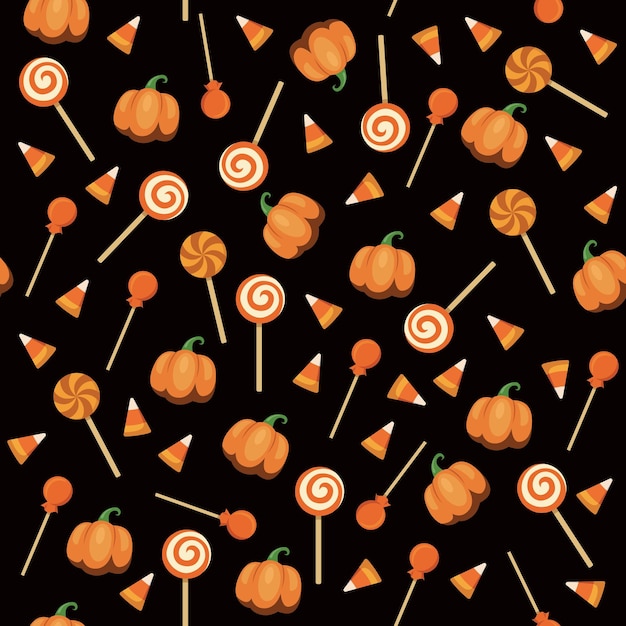 PrintVector seamless pattern with orange Halloween candies on a black vector background