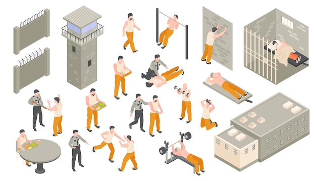 Prison isometric color set of police officer escorting prisoner in handcuffs guards and inmates isolated vector illustration