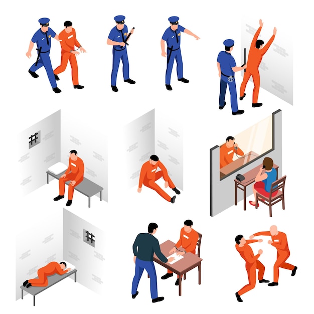 Prison isometric compositions set of arrested offenders guards inmates visitors investigator isolated vector illustration