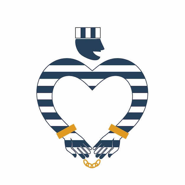 Prisoner in striped uniform Head of a prisoner with his hands in the form heart