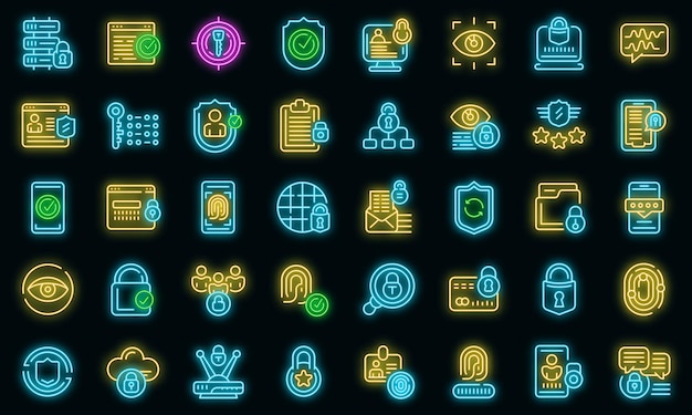 Privacy icons set. Outline set of privacy vector icons neon color on black