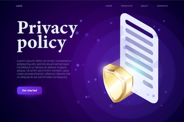 Privacy Policy illsutration concept, 3d contract with sign and 3d shield, protection concept. Isometric 3d website app. Landing web page template,  