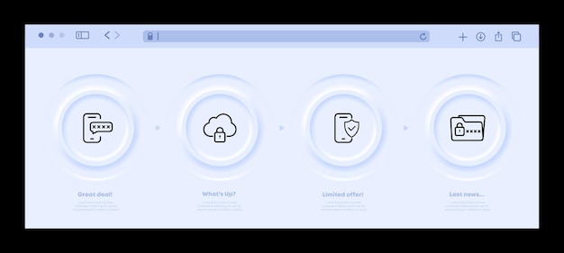 Private information protection set icon Password keyword phone cloud with lock shield with checkmark private folder Privacy concept Neomorphism website interface Vector line icon