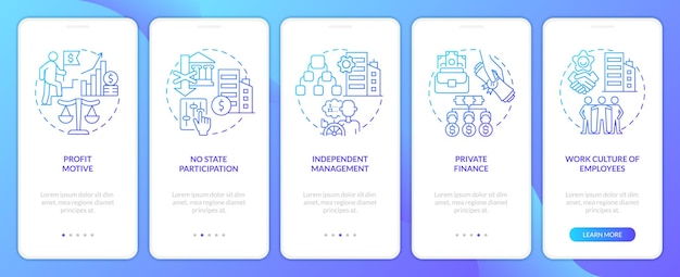 Private sector features blue gradient onboarding mobile app screen