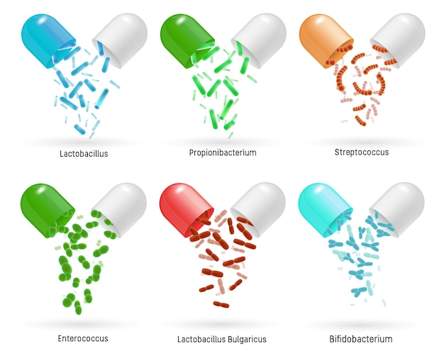 Probiotics pills set realistic vector isolated illustration