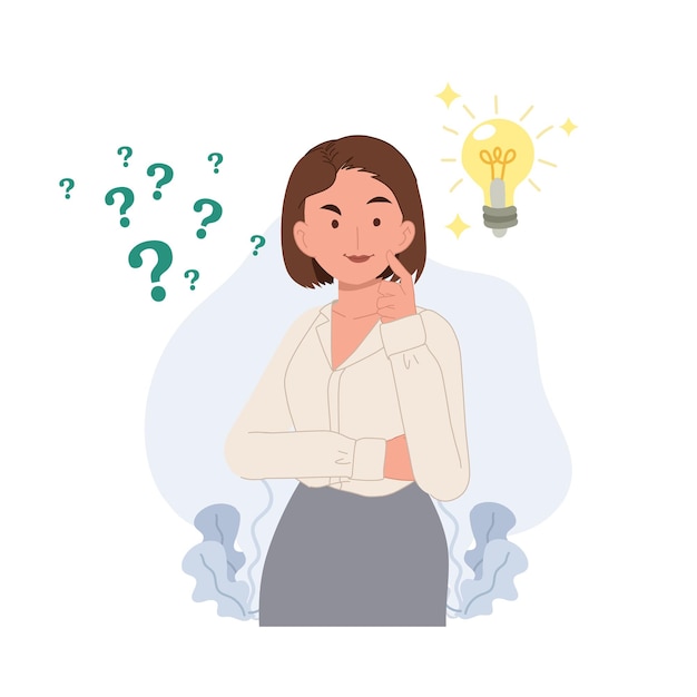 Problem solving concept Businesswoman thinking with question mark and light bulb icons creative ideavector illustrations