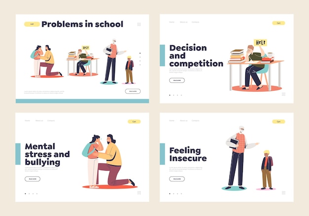 Problems in school set of landing pages with concept of violence, abusing, bullying and pressure to school kid and little children during classes. Landing page