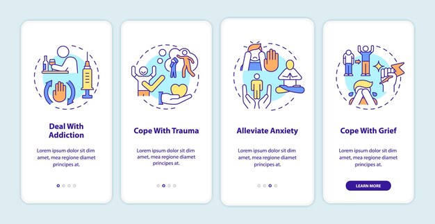Problems to solve in group onboarding mobile app screen. Addict therapy walkthrough 4 steps graphic instructions pages with linear concepts. UI, UX, GUI template. Myriad Pro-Bold, Regular fonts used