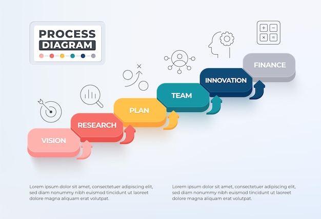 Process diagram infographic with 6 business icon Step up to goal concept