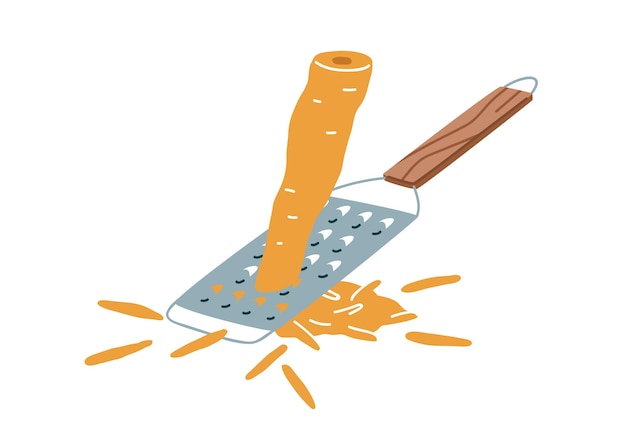 Process of grating fresh raw carrot with metal sharp hand grater. Preparing vegetable ingredient for cooking. Flat vector illustration of steel kitchen tool isolated on white background.