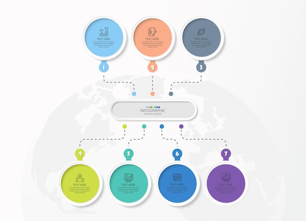 Process infographic with 7 steps, process or options.