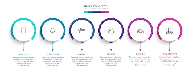 Process of online shopping with 6 steps. Steps business timeline process infographic presentation te