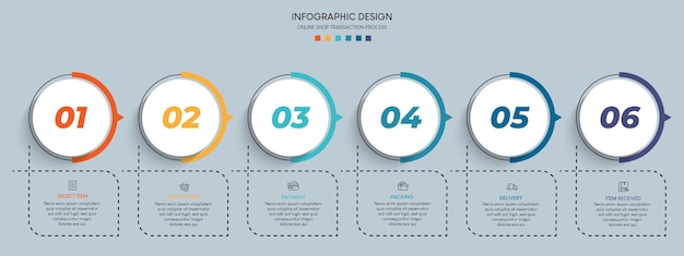 Process of online shopping with 6 steps. Steps business timeline process infographic presentation te