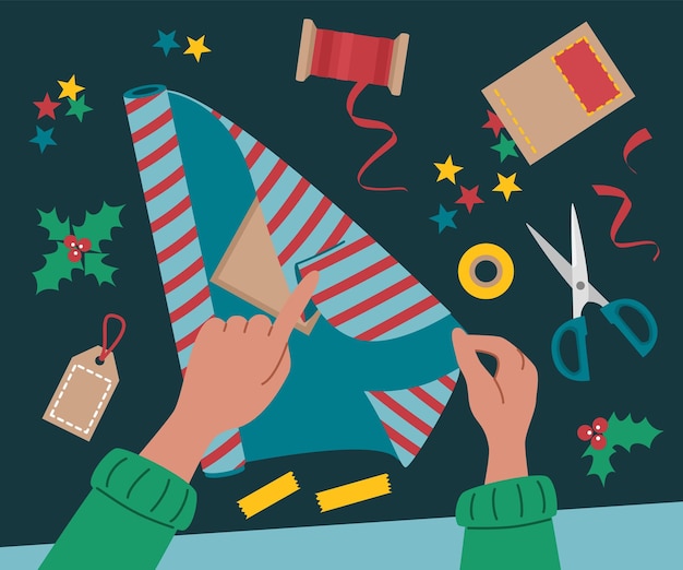 The process of wrapping Christmas gifts. Wrapping paper, scissors and ribbons in flat style