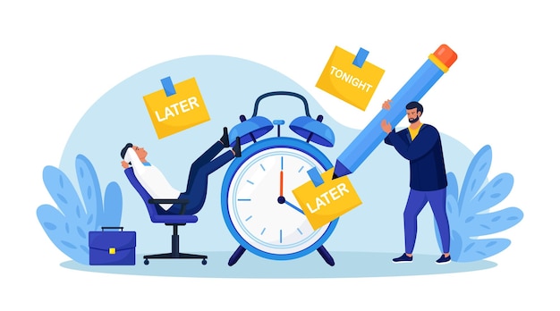 Vector procrastinating lazy businessman sitting in office with his legs up on alarm watch big sticky note with the word later on alarm clock procrastination and laziness unproductive employee break time