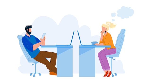 Procrastinating Office Workers Colleagues Vector. Man Play On Phone And Woman Sitting At Table, Watching Computer Screen And Drinking Coffee, Procrastinating Work. Characters Flat Cartoon Illustration