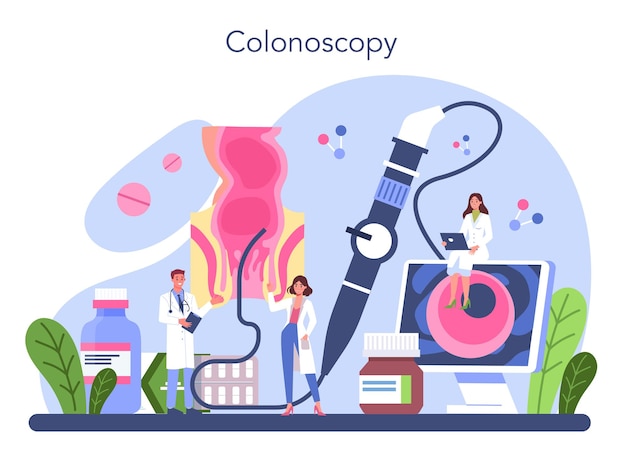 Proctologist concept Doctor examine intestine Idea of health and medical treatment diagnostic consultation Colonoscopy Isolated vector illustration in cartoon style