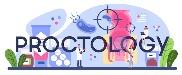 Proctology typographic header. Doctor examine intestine.