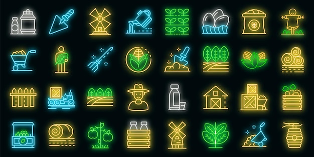 Producer icons set. Outline set of producer vector icons neon color on black