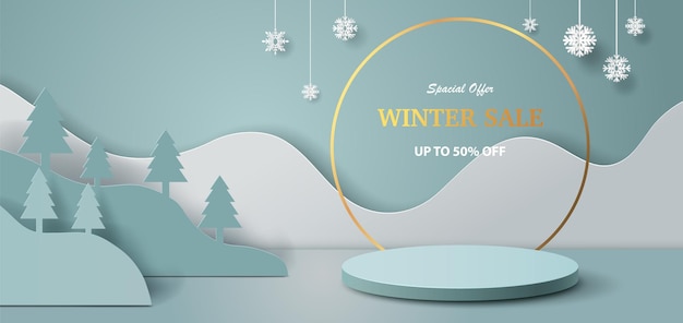 Product banner for a winter sale with a podium platform and geometric shapes