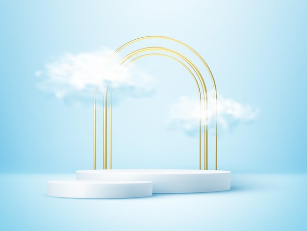 Product display podium decorated with realistic cloud and gold arch frame