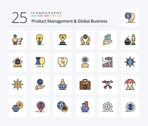 Product Managment And Global Business 25 Line Filled icon pack including business solutions award modern business