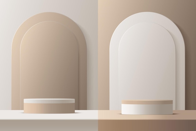 Product podium mockup with abstract background on beige and white backgroundvector 3d illustration