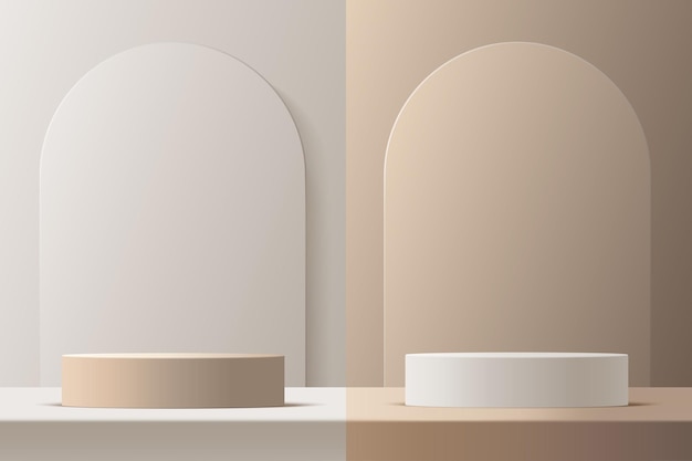 Product podium mockup with abstract background on beige and white backgroundvector 3d illustration