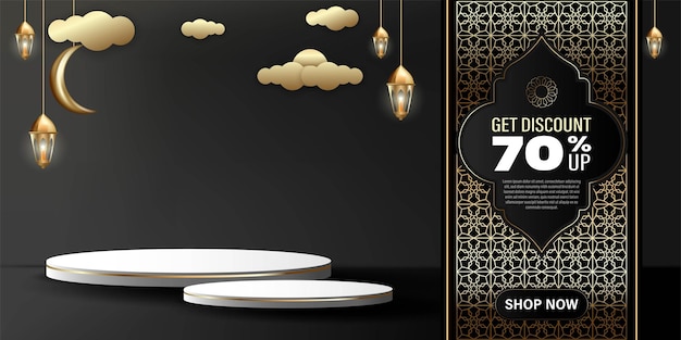 Product podium set banner for discount promotion Islamic theme with luxurious gold colors