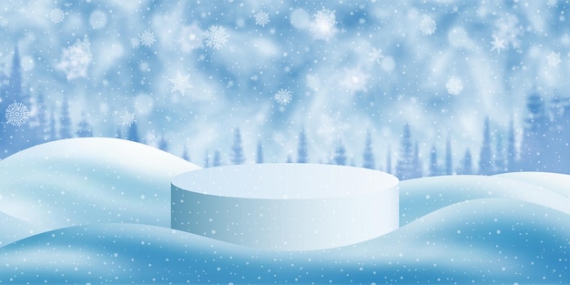 Product podium in a snowdrift against the backdrop of the winter sky snowflakes and snowfall Christmas