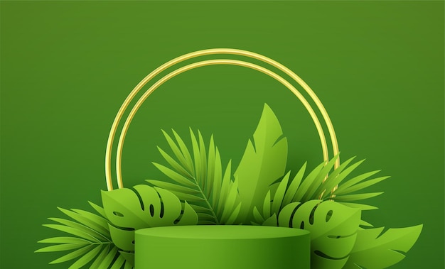 Product podium with green paper cut tropical monstera and palm leaf on green background